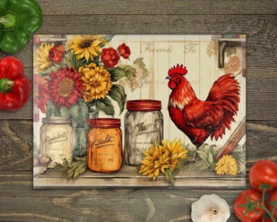 Rustic Country Rooster Chicken Mason Jar Glass Cutting Board