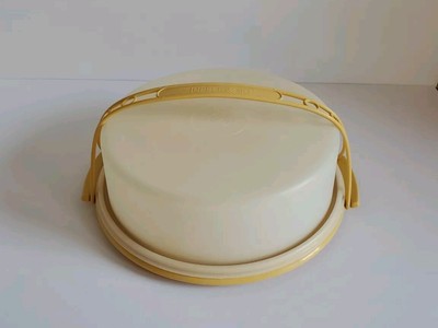 Tupperware Cake Pie Keeper Carrier Round Harvest Gold Handle Vintage 719