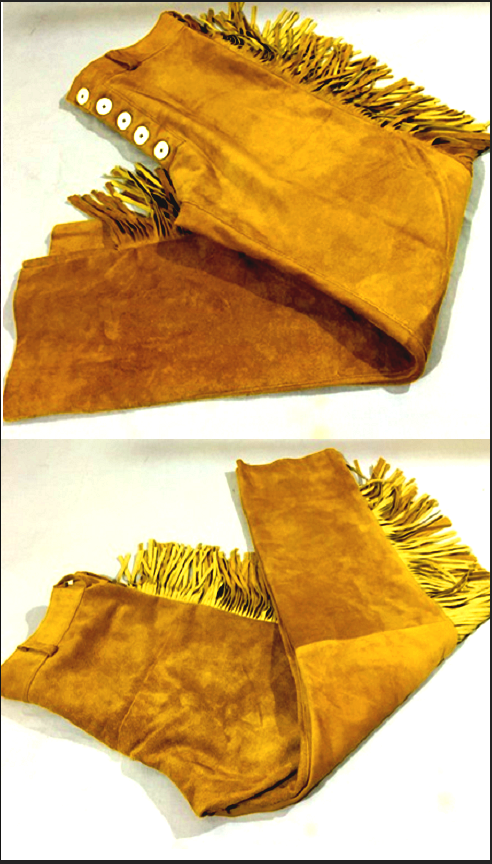 Pre-owned Handmade Mens Western Cowboy Gold Suede Leather Mountain Man Fringes Shirt & Pant Wsp293