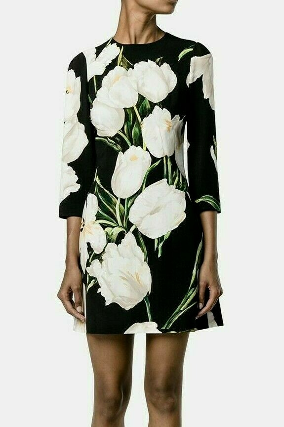 Dolce & Gabbana FW2016 Floral White Tulips Print Black Cady Dress IT36