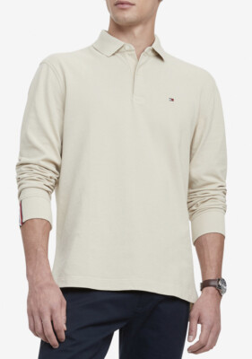 New Tommy Hilfiger Men's Kent Long Sleeve Polo Shirt Gravel  X Small logo cotton
