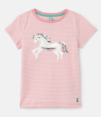 Joules Girls T-Shirt 6 Short Sleeve Summer Unicorn Glitter Peach Pink Stripe Top