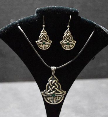 Celtic Knot Pewter Pendant Necklace and Matching Earrings Green Austrian Crystal