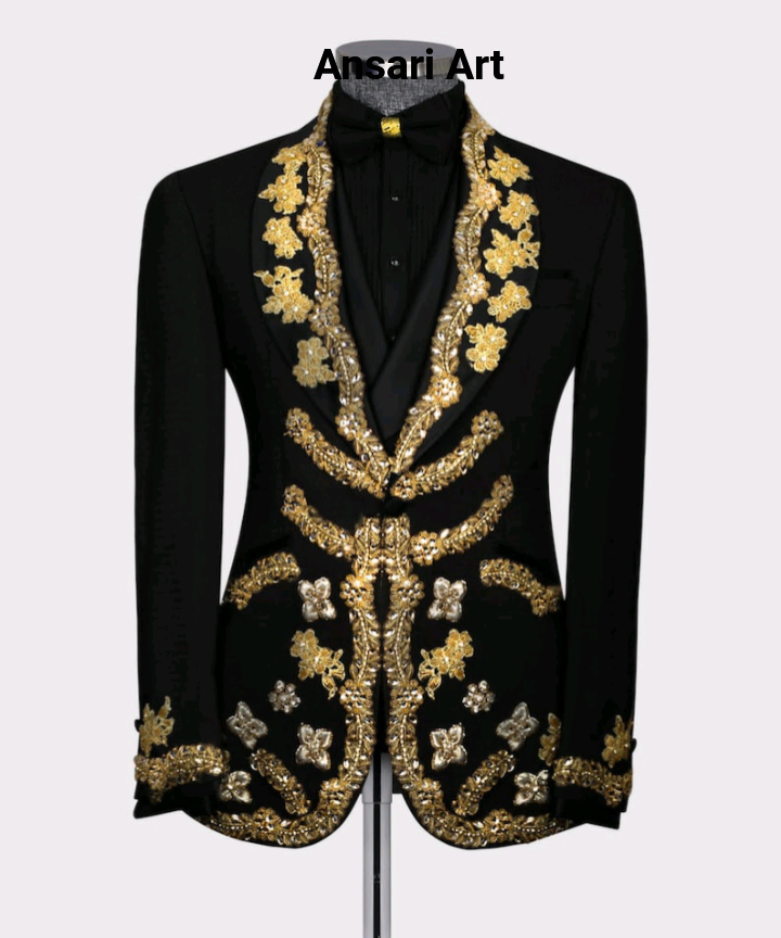 Pre-owned Art Men 2pc Black Slim Fit Suit Blazer Pants Embroidery One Button Tuxedo Wedding