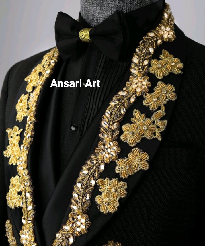 Pre-owned Art Men 2pc Black Slim Fit Suit Blazer Pants Embroidery One Button Tuxedo Wedding