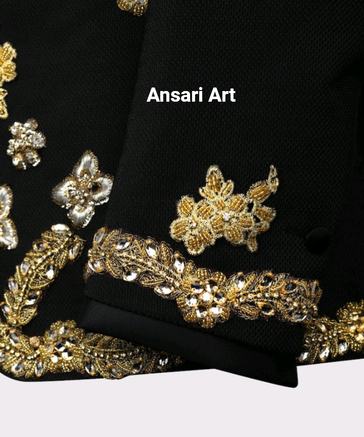 Pre-owned Art Men 2pc Black Slim Fit Suit Blazer Pants Embroidery One Button Tuxedo Wedding