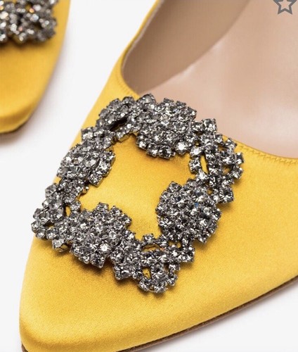 Pre-owned Manolo Blahnik Hangisi 90 Yellow Satin Jewel Buckle Pumps Heels Eu 37 Us 7 $1195