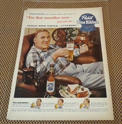 William Bendix, Pabst Gloomy Ribbon Magazine Print Ad, Vintage 1950