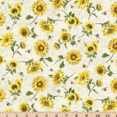 Honey Bee Farm Cream Tossed Bees and Sunflowers Fabric By Half Yard Increments