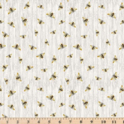Honey Bee Farm Grey Flying Bees on Wood Texture Fabric B By Half Yard Increments