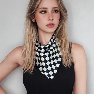 Checkered Flag Scarf Black and White Silk Scarf Square Small Handkerchief Pla...