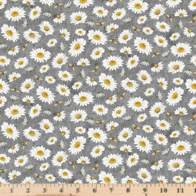 Honey Bee Farm Slate Tossed Bee and Daisy Florals Fabric By Half Yard Increments