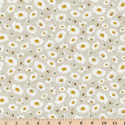 Honey Bee Farm Grey Tossed Bee and Daisy Florals Fabric By Half Yard Increments