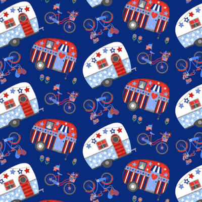 Patriotic Fabric | My Happy Place Camper Bicycle Toss Blue | Studio E YARD