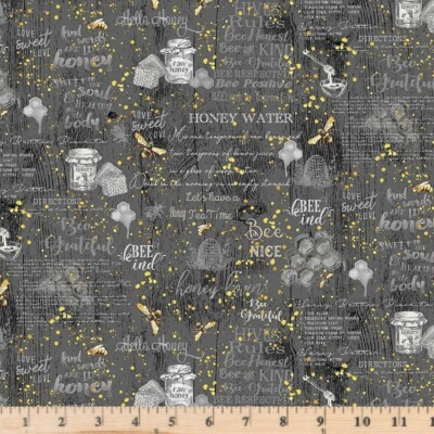 Honey Bee Farm Grey Hives Rules and Quotes Fabric BEE-CD By Half Yard Increments