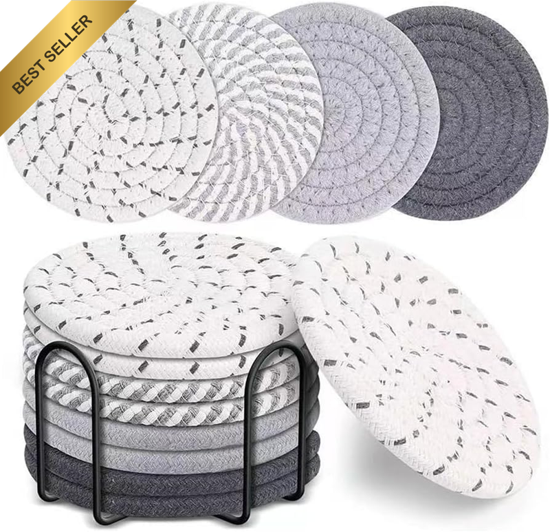 8Pcs Drink Coasters with Metal Holder, Boho Cotton Woven Absorbent Coasters for
