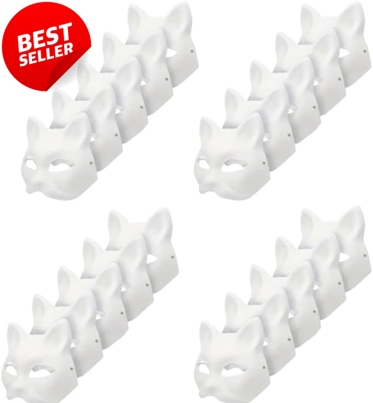 White Cat Masks 20 Pack Therian DIY Blank Paintable for Cosplay Party 7.1x6.7in