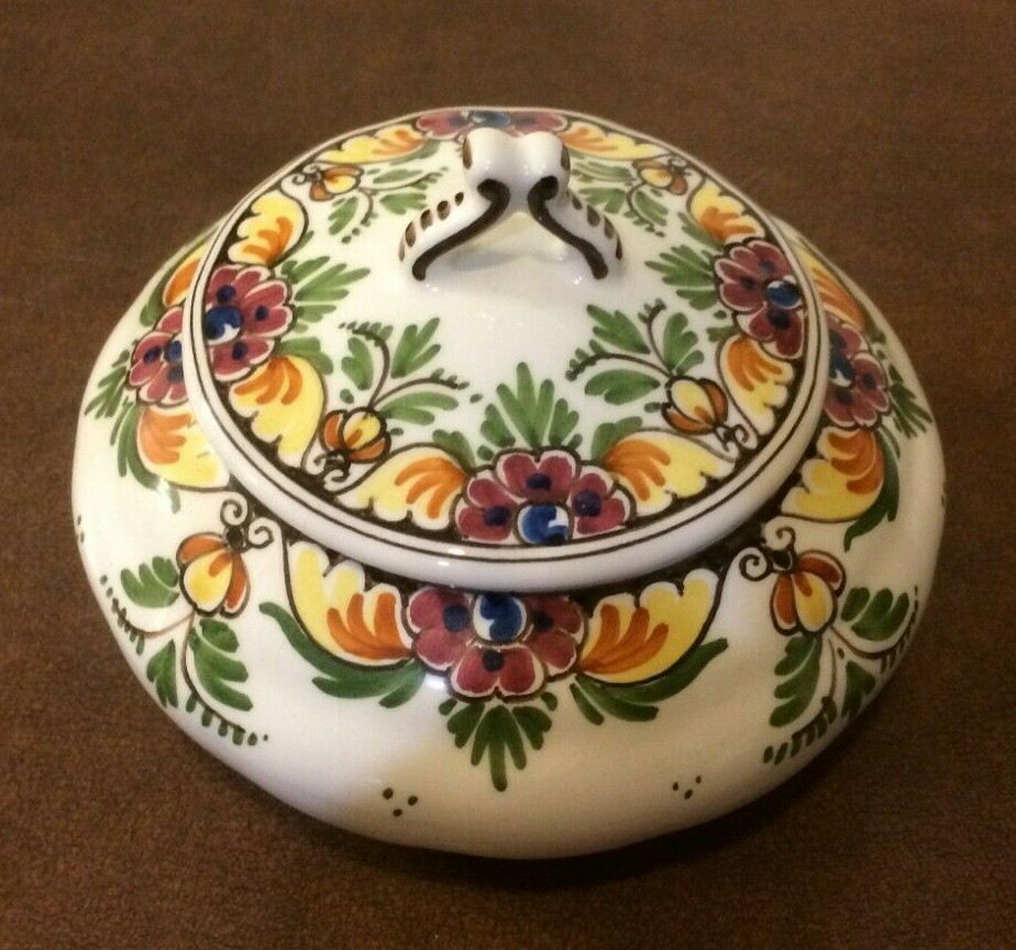 Dutch Delft Polychrome Trinket Dresser Dish Sugar Bowl With Cover Signed #1026