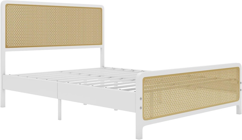 Queen Bed Frame with Metal Rattan, LED Headboard, No Box Spring, White