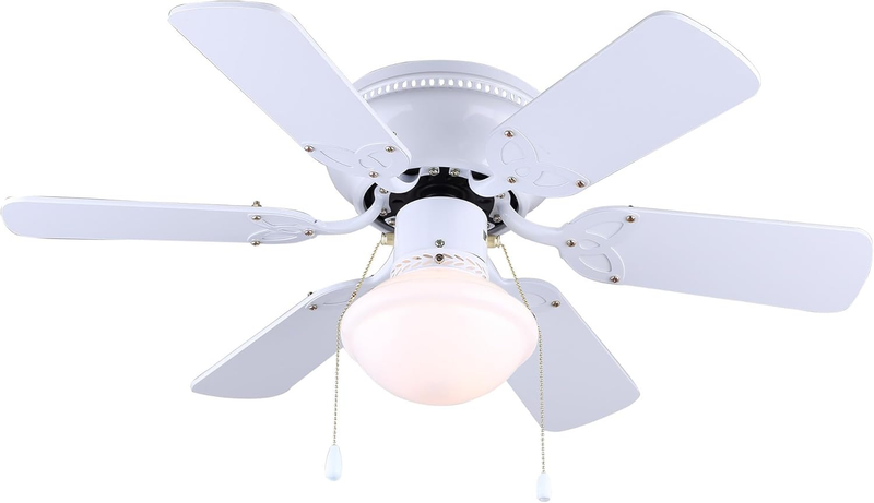 Twister 30-Inch Hugger Ceiling Fan in White - Compact Design with 6 Reversible White/Bleached Oak Blades, Includes Energy-Saving 60W LED Bulb, Ideal for Smaller Spaces