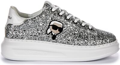 Pre-owned Karl Lagerfeld Kapri Nft Lo La Low Cut Glitter Womens Trainer Silver Us 5 - 11