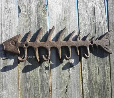 Rustic Metal Work Fish Skeleton Fishing Key Hook Wall Plaque Country Cabin Decor