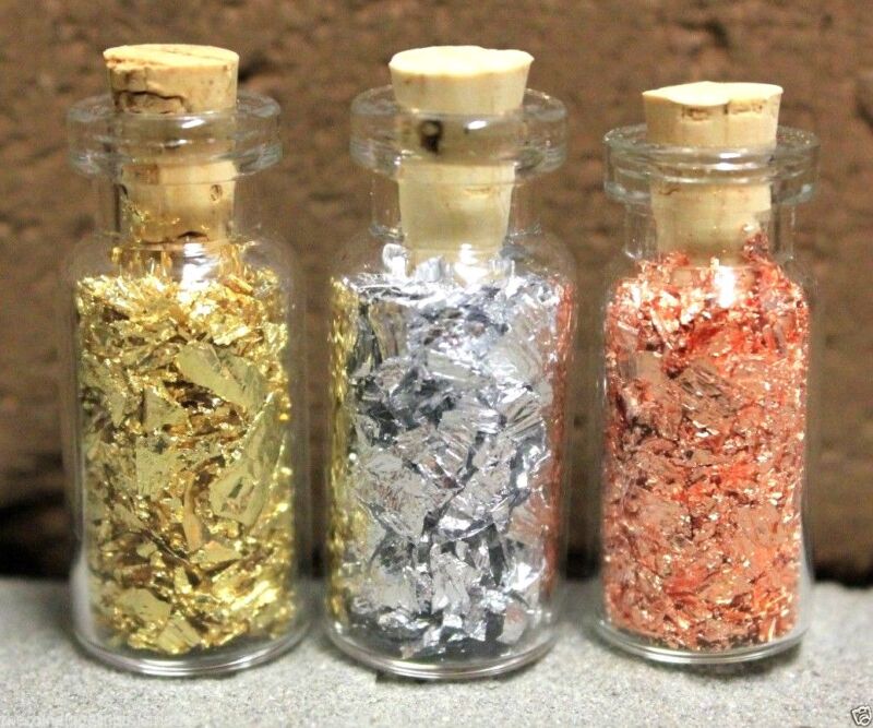 3ct GOLD SILVER & COPPER Leaf Flake Mini Vials Small Bottles DONATIONS FOR M.S.