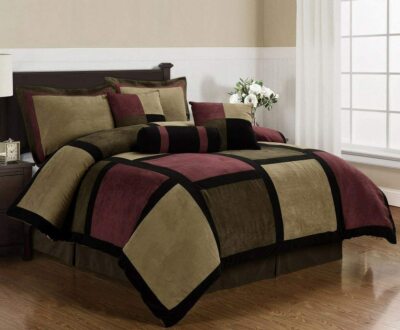 7-Piece Burgundy Brown Black Soft MicroSuede Patchwork Comforter Set