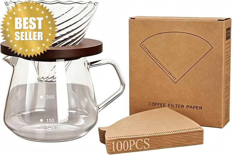 Pour over Coffee Maker Set - 450Ml Bpa-Free Glass Drip Coffee Brewer with Wooden