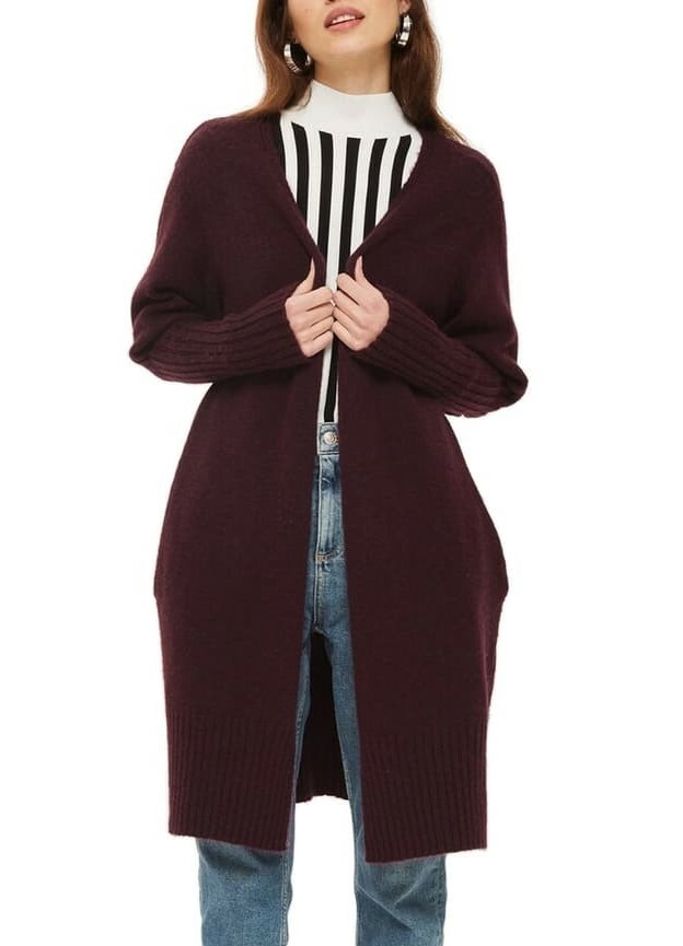 TOPSHOP 163594 Women's Solid Puff Sleeve Longline Cardigan Purple Sz. 8 US