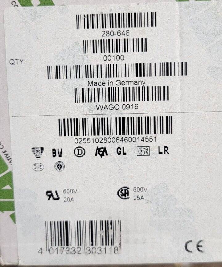 280-646 WAGO 100 PER BOX 0916 D/C 4-CONDUCTOR THROUGH