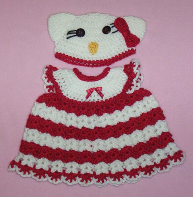 Doll Clothes Outfits Crochet Red Kitty Dress & Hat Fits American Girl 18''