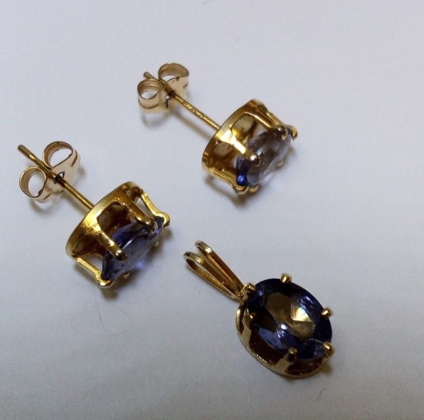 Genuine iolite stud earrings and pendant set gold filled jewelry set violet blue