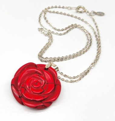 Vtg LIND Silver Tone Red Rose Flower Pendant Necklace SIGNED 18'' B06