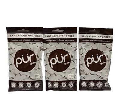 PUR Xylitol CHEWING GUM Chocolate Mint (55 PIECES, 3 PACK) Sugarless Vegan 03/25