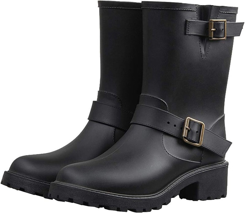 Women'S Chunky Heel Buckle Slip on Rain Boots Wellington Boots EU40 UK6.5