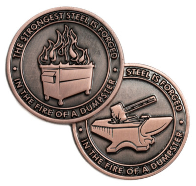 Copper Dumpster Fire Challenge Coin - Two sided design - Case And Bag Included
