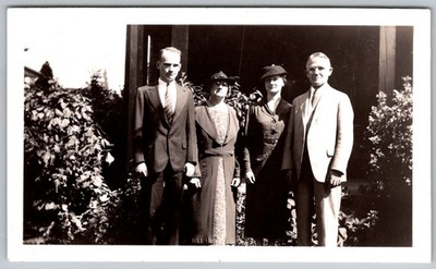 Vtg B&W Snapshot Family Group Two Men Two Women Suits Hats Porch Garden Circa