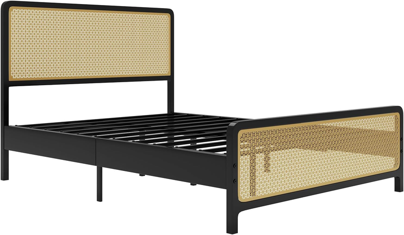 Queen Size Bed Frame with Metal Rattan Headboard and Footboard, Queen Platform B