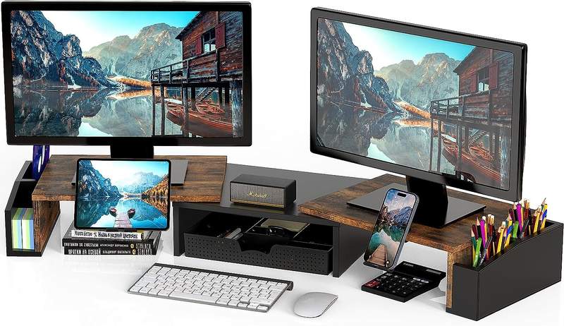 SimpleHouseware Dual Monitor Stand Riser of Adjustable Length and Angle Shelf wi