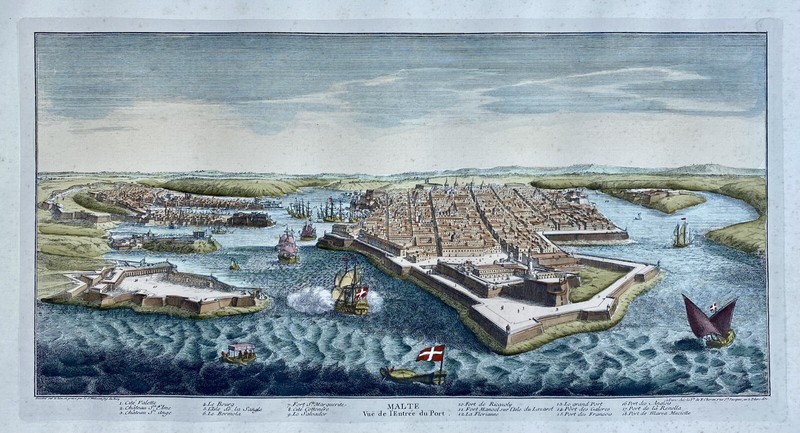 Rare Gravure Malte, Vue De L'EntrÃ©E Du Port / Par Philippe Nicolas Milcent, 1715