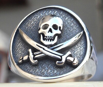 Sterling Silver 925 Calico Jack Rackham Pirate Flag Skull Handmade 3D Ring