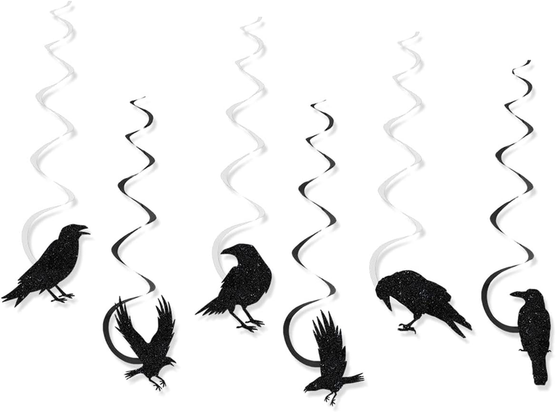 Crow Hanging Swirl Decorations, Black Raven Spiral Streamers, Gothic Horror Bird