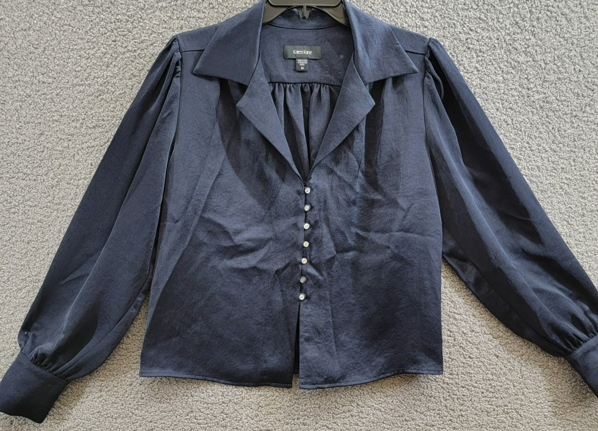 Karen Kane Shirred Blouse Women's M Navy Solid Collared Long Sleeve Button Front - Picture 2 of 18