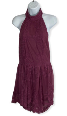 NWT She + Sky Women's Halter Neck Lined Romper Lace Overlay Floral Plum Size M 