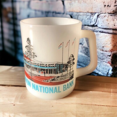 Vintage Federal MILK GLASS Coffee Tea Mug UNION NATIONAL BANK Made in USA