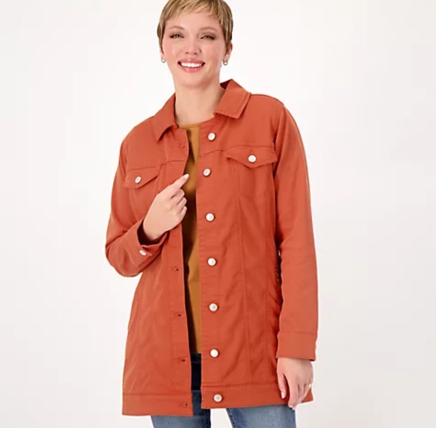 Denim & Co. Comfy Knit Long Button-Front Denim Jacket Copper Brown S A399563