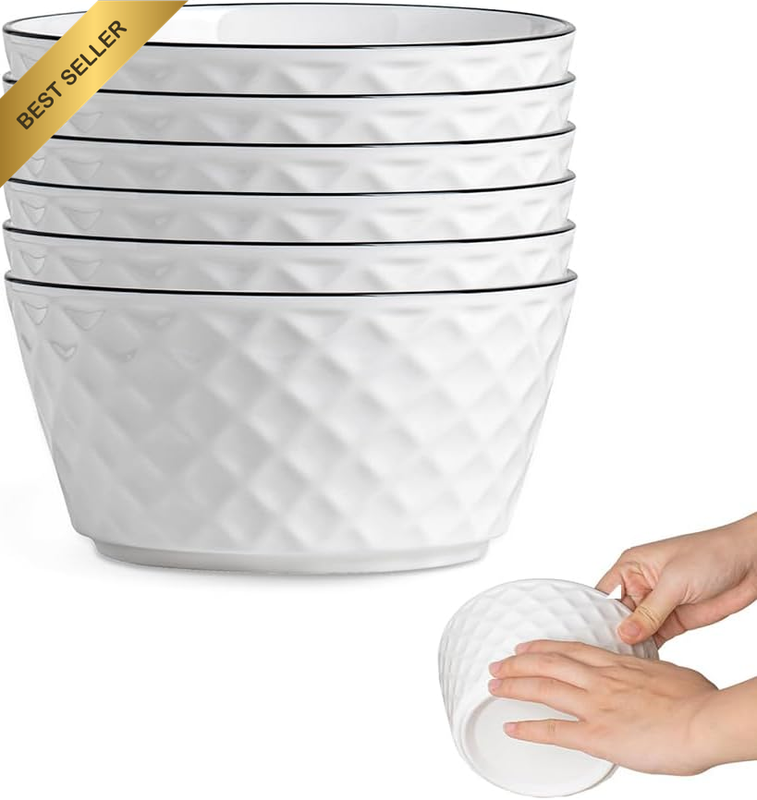 Ceramic Soup Bowls Set of 6, White round Oat Bowl, with Stackable Design, Diamon