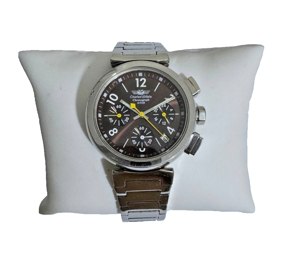 Charles Vogele Watch Mens Chronograph Quartz Stainless Steel Black Dial Date