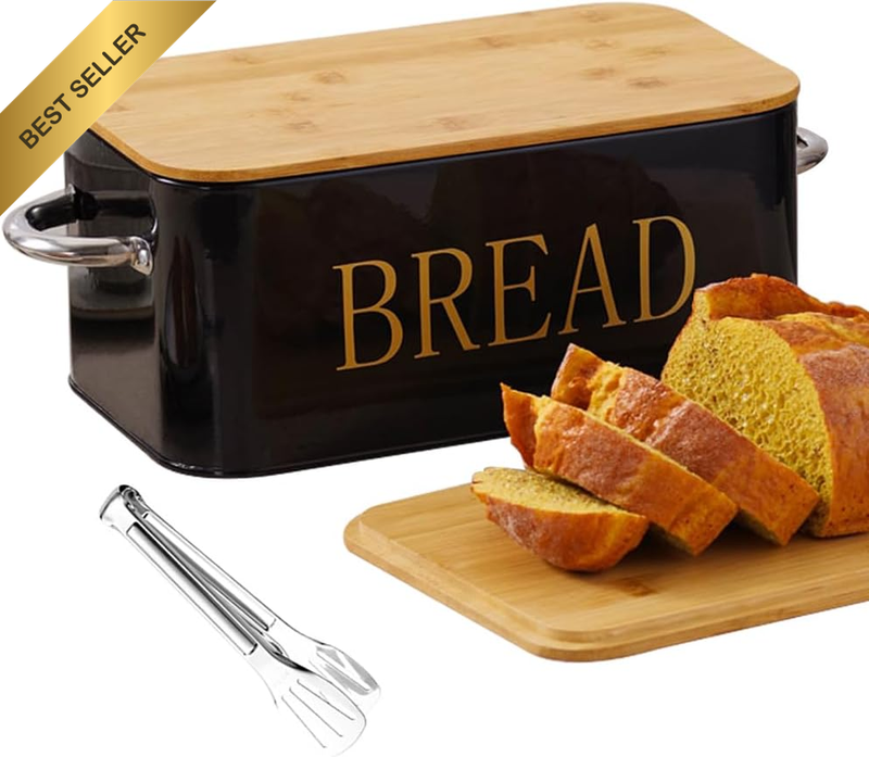 Bread Box with SUS304 Food Tong,Metal Bread Container with Air Valve&Bamboo Cutt